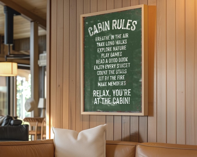Dark Green "CABIN RULES" Sign for Retro Mountain Lodge, Vintage Vine Green Mountain Ski Chalet Decor, Framed Rental Cabin Canvas Print