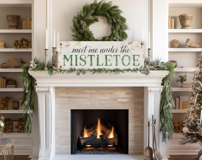 Long Horizontal "Meet me under the mistletoe" Sign in Green and White, Antique Rusted Screws, Seasonal Wall Art, CHRISTMAS HOME DECOR