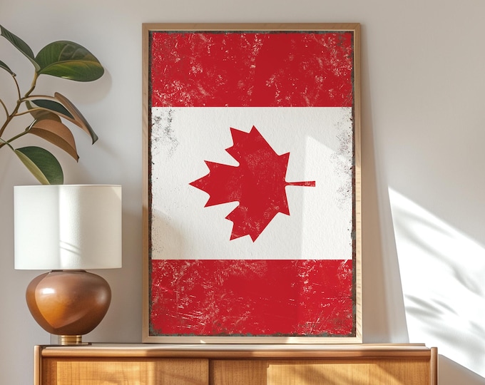 Vintage Canada Flag Poster, Distressed Canadian Flag Sign, Rustic Flag Prints, Rusted Edge, Framed Canadian Flag Poster, Gift for Canadian