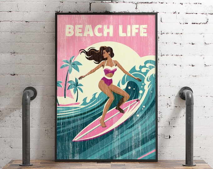 Beach Life, Retro Travel Poster Print, Woman Surfing A Teal Wave, Pink Coastal Gift