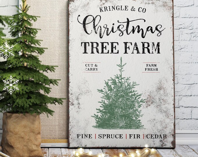 Green Christmas Tree, Kringle and Co Tree Farm Sign with an Engraved Fir on Worn Cream