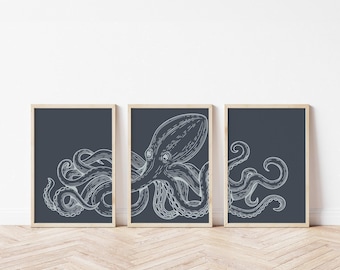 Octopus Triptych Wall Art, Rustic Nautical Canvas Set, Vintage Ocean Decor