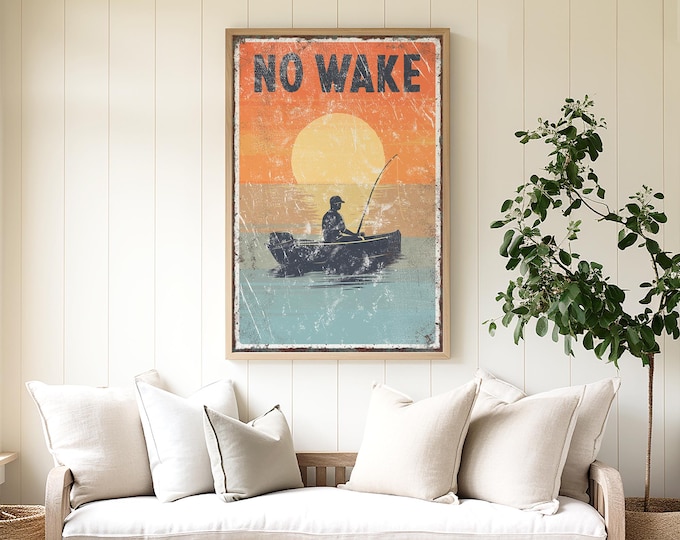 Man Fishing at Sunset Canvas Wall Art, Fishing Boat at the Beach, No Wake Canvas Sign for Coastal Decor, Vibrant Color Coastal Theme