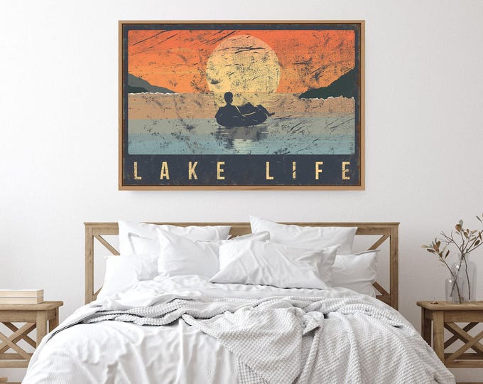 Lake Art, Vintage Tubing Sunset Lake House Print