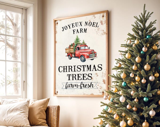 Rustic Christmas Sign: Vintage Red Truck with Joyeux Noel
