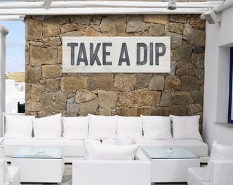 Vintage Take A Dip Pool Sign, Hale Navy, Outdoor Lover Gift, Distressed Wood Art, Rustic Patio Wall Decor, Perfect Pool Present