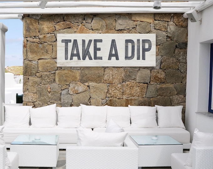 Vintage Take A Dip Pool Sign, Hale Navy, Outdoor Lover Gift, Distressed Wood Art, Rustic Patio Wall Decor, Perfect Pool Present
