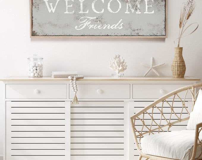 Welcome Friends Sign, Gray Stone Finish Wall Art, Framed Porch Entryway Decor