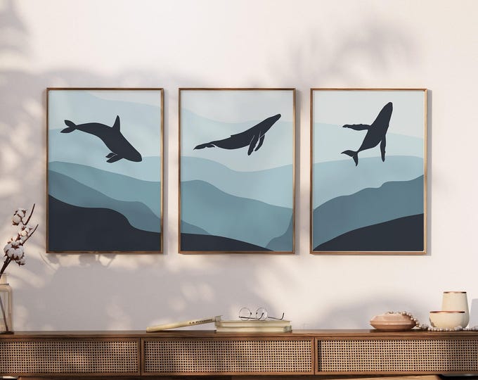 Ombre Blue Triptych Whale Wall Art, 3 Piece Set, Abstract Home Decor for Modern Beach House • 031