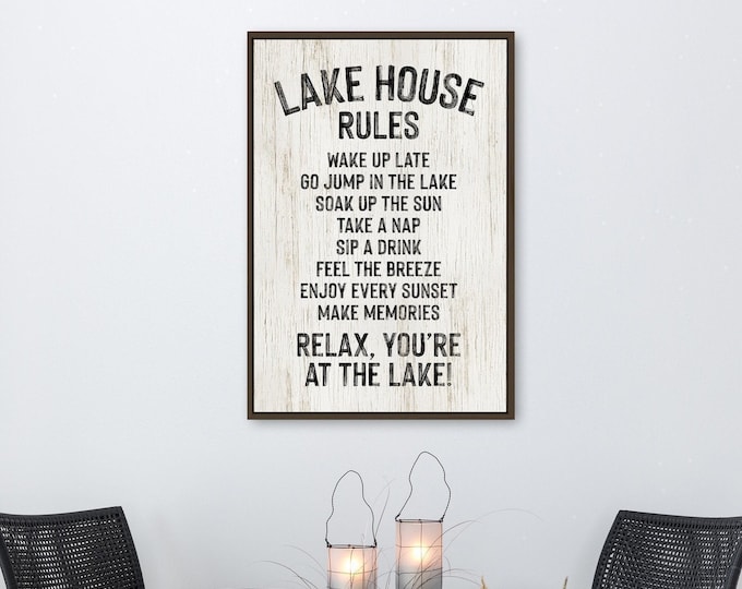 Realtor Closing Gift, Lake House Rules Sign, Black on Cream Distressed Cabin Wall Art