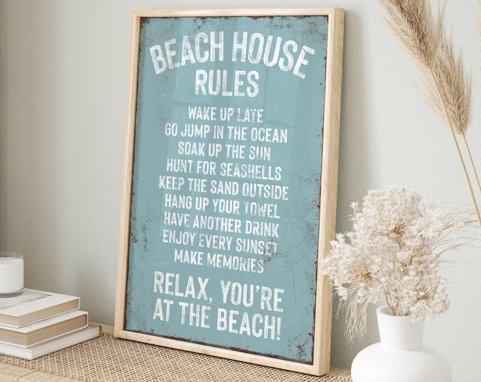 Vintage Beach House Rules Sign Art Print, Tide Blue Retro Decor, Rustic Coastal Wall Hanging, Distressed Canvas Gift for Vacation Rentals