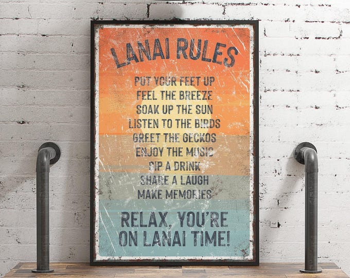 Outdoor Patio Sign, Sunset Orange and Charcoal Lanai Rules, Rusted Metal Wall Decor