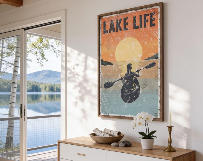 Vintage Kayak Wall Art: Rustic Lake House Decor with Female Kayaker