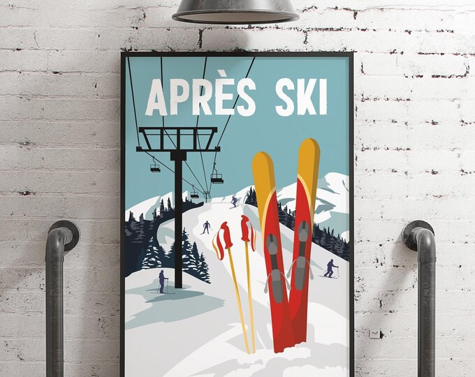 Chairlift Decor, Apres Ski Travel Poster in Pale Blue, Tall Mountain Lodge Wall Print