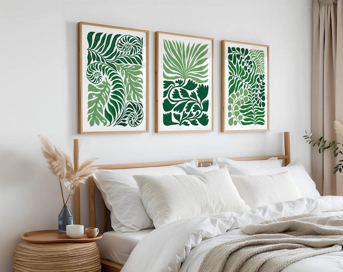 Tropical Blocks Triptych Wall Art, Vibrant Green Vines and Palm Leaves, Jungle Canvas Print Set, Abstract Plant Wall Art, 3 Piece Set • 402