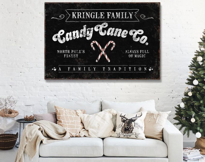 Candy Cane Sign, Kringle Family North Pole's Finest with Crossed Canes on Charcoal Black