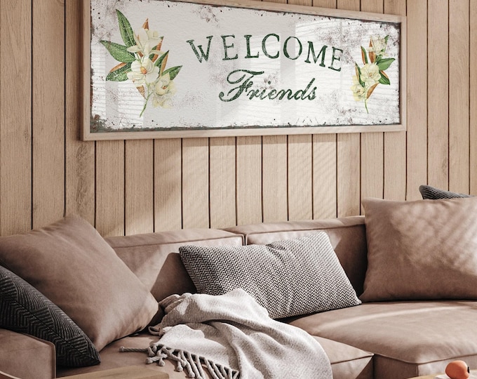 Vintage Magnolia Welcome Sign • Antique White WELCOME FRIENDS Canvas Print • Large Vintage Metal Farmhouse Wall Art