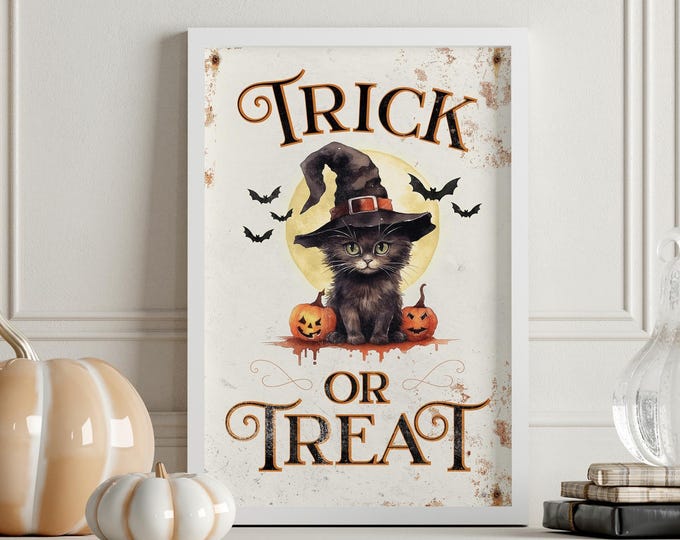 Farmhouse Fall, Halloween Sign, Cute Cat Decor, Trick or Treat Plaque with Witch Cat, Jackolanterns and Bats, Autumn Wall Hanging