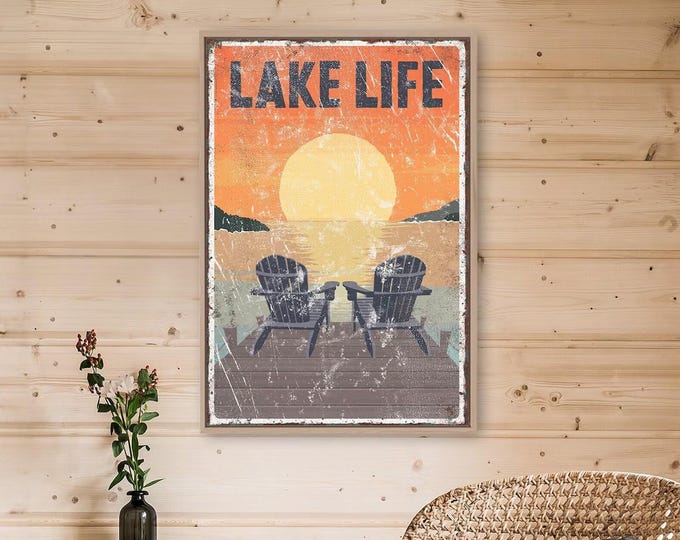 sunset LAKE LIFE poster with Adirondack chairs on the dock, for vintage lake house decor, modern farmhouse lake signs, canvas lake prints
