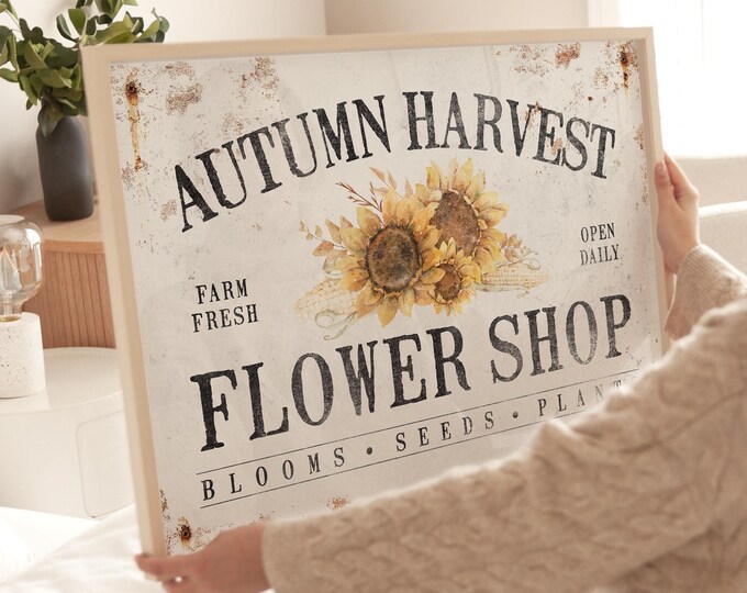 Autumn Wall Decor, Cozy Fall, Harvest Decor, Vintage Flower Market Sign, Large Farmhouse Porch Art with Sunflowers