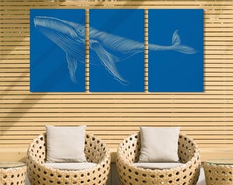 White Whale Triptych Wall Art, Large Dotted Whale Art Set of 3 Canvas Prints, Blue Whale Art, Ocean Theme Prints