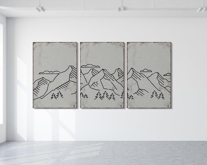 Abstract Mountain Triptych in Stone Gray, Lodge Cabin Wall Art, 3 Piece Set
