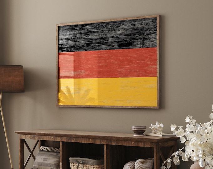 Art For Above Couch, Vintage Flag Sign, German Flag Colors, Framed Faux Wood Canvas, Patriotic Wall Decor, Gift For Soccer Fans