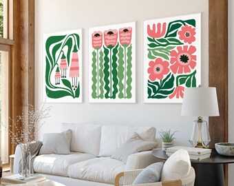Pink Flower Wall Art, Set of 3 Floral Canvas Prints, Abstract Botanical Art Prints, Tropical Blocks Triptych Wall Art, 3 Prints • 414
