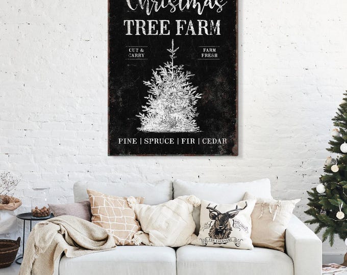 Tree Sign, Kringle and Co Christmas Tree Farm with a Snowy Evergreen in Black and White
