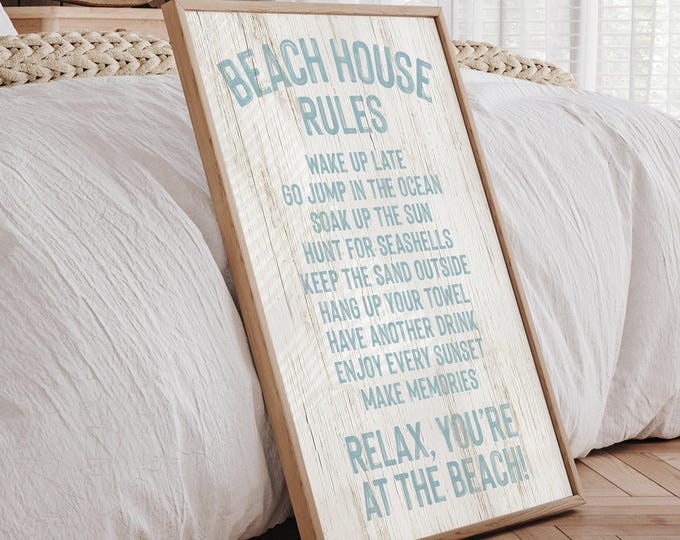 Tide Blue Lettering Beach House Rules Sign, Whitewashed Cream Coastal Print, Retro Wall Art