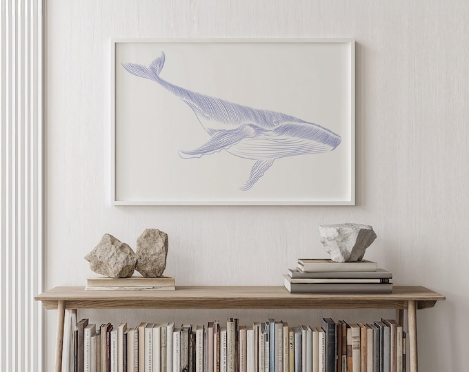 Whale Decor Wall Art, Indigo Blue Line Engraving on Cream, Coastal Beach House Print