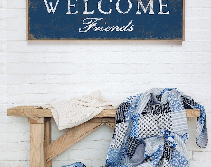 Navy Blue Welcome Friends Sign - Large Rustic Canvas Wall Art