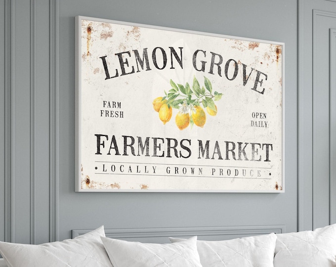 Lemon Grove Sign, Farmers Market Kitchen Wall Art, Cream Black Citrus Farmhouse Decor