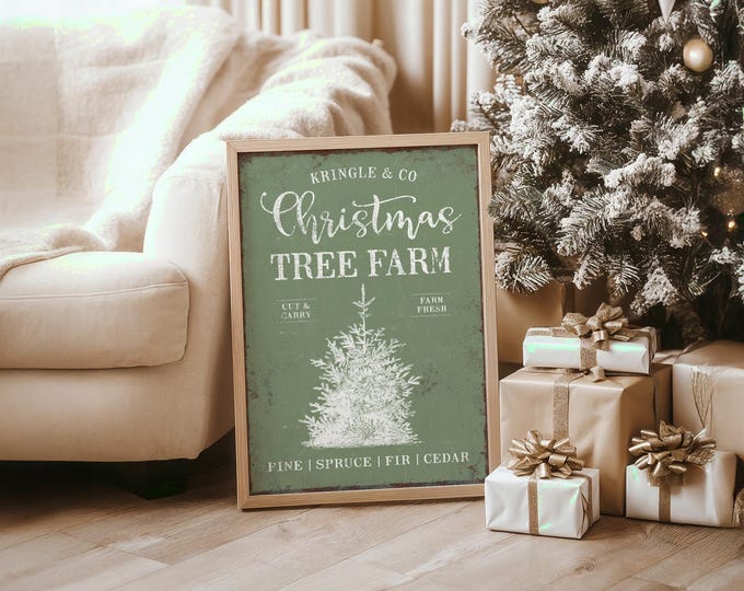 Christmas Tree Farm Sign, Hand Drawn Pine Illustration Wall Art