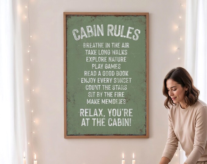 Cabin Rules Sign, Seagrass Green Rustic Lodge Wall Art, Cozy Gift