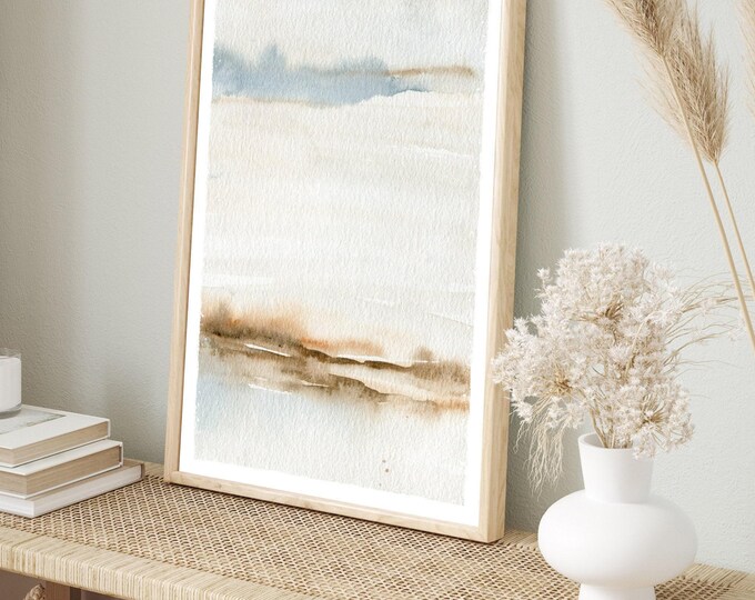 Water and Sand Wall Art, Coastal Watercolor, Dusty Blue Ochre Horizon, Bedroom Decor