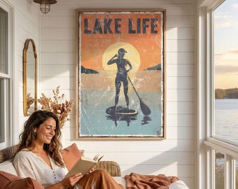 Paddleboard Decor, Sunset Lake Life Sign, Burnt Orange Waterfront Wall Art, Gift for Her