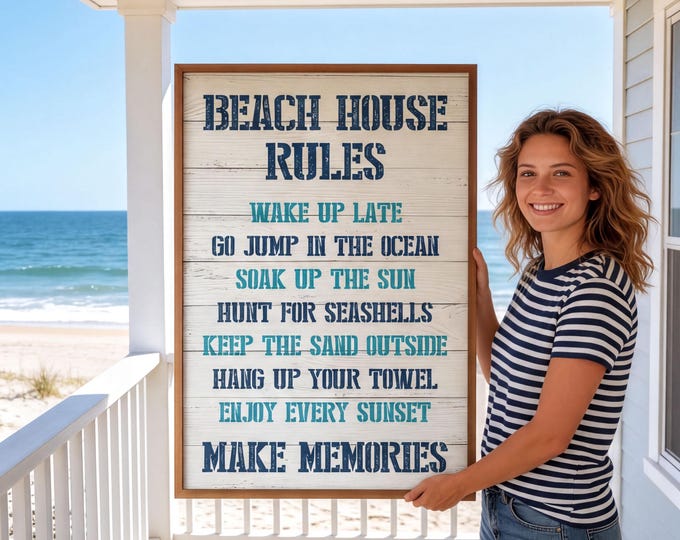 Bathroom Beach Sign, Beach House Rules Navy and Teal Print, Coastal Powder Room Wall Art