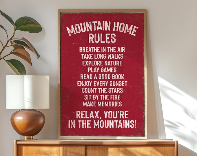 Mountain Lodge Wall Art: Dark Red Cabin Rules Sign