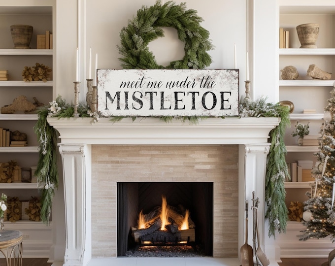 Meet Me Under the Mistletoe Sign, Black and White Christmas Farmhouse Decor