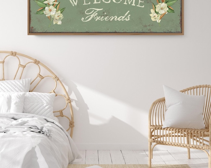 Vintage Seagrass Green Magnolia Welcome Canvas • Retro WELCOME FRIENDS Wall Art • Modern Farmhouse Spring Decor, Antique Flower Sign