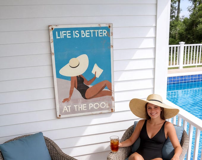 Top At The Pool, Life Is Better Vintage Poster, Blue Azure Sunbather Print Gift
