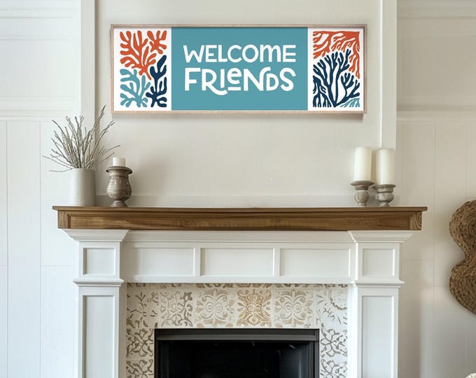 Welcome friends porch welcome sign, teal panel with orange and navy coral branches, wide coastal canvas