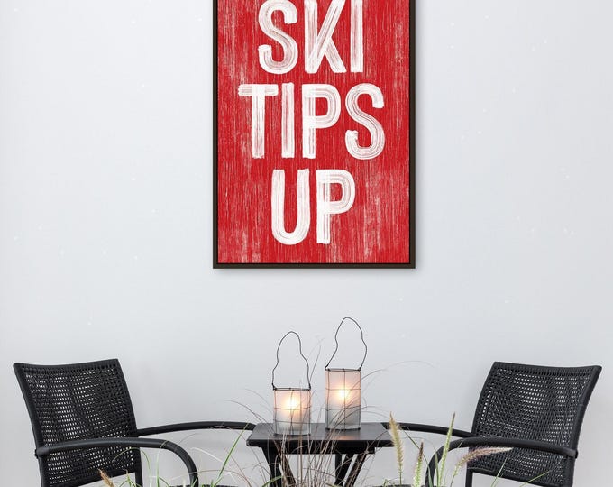 Red Ski Art, SKI TIPS UP White on Red Weathered Plank, Cozy Cabin Winter Print