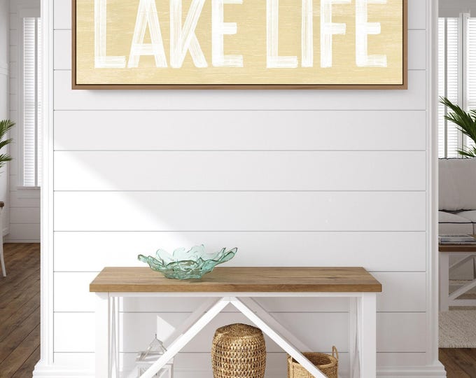Vintage Lake Life Wall Print, Yellow Sand Weathered Wood Farmhouse Sign