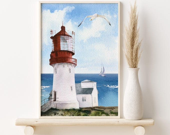 Lighthouse Wall Art Rust Red Blue Retro Coastal Wall Print Decor