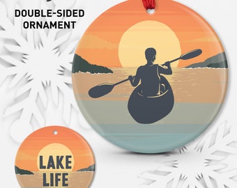 LAKE LIFE Ornament Gift, Man Kayaking at Sunset, Double Sided Christmas Ornament, Ceramic Porcelain, Metal Aluminum, Gift for Him • 03