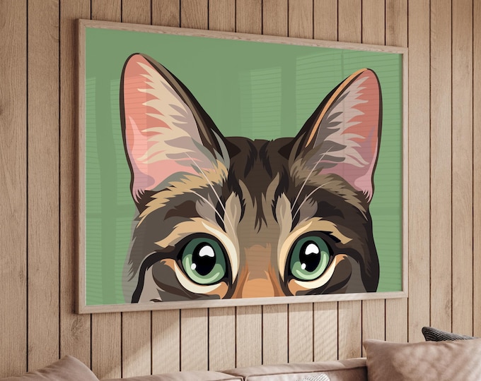 Peekaboo Cat Canvas Pop Art, Colorful Print, Large Framed Poster, Tabby Ears Design, Feline Lover Gift, Horizontal Wall Decor, Tabby Cat Art