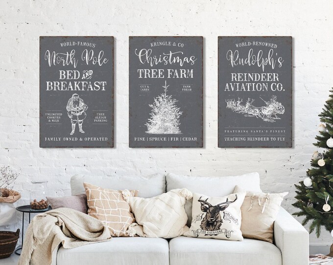 Rustic Sleigh Sign, North Pole Set of Three with Santa and a Tree Farm on Charcoal Slate