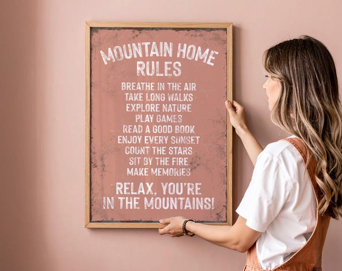 Coral Pink Mountain House Rules Sign - Rustic Ski Lodge Decor